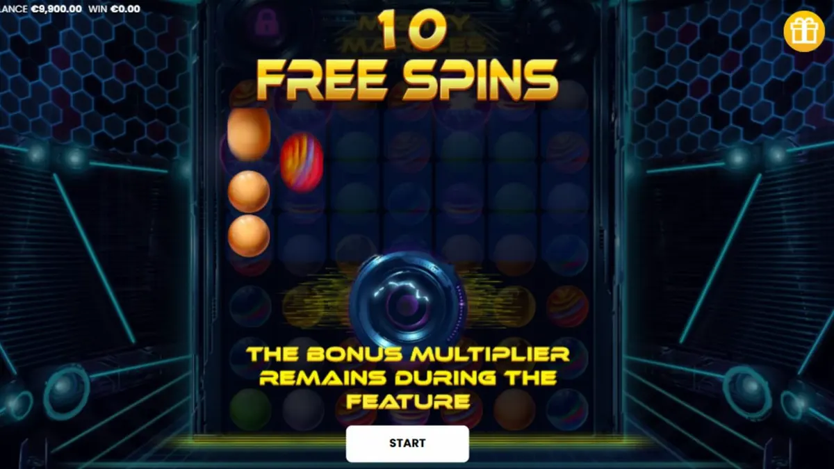 Mighty Marbles slot machine interface na may neon na disenyo